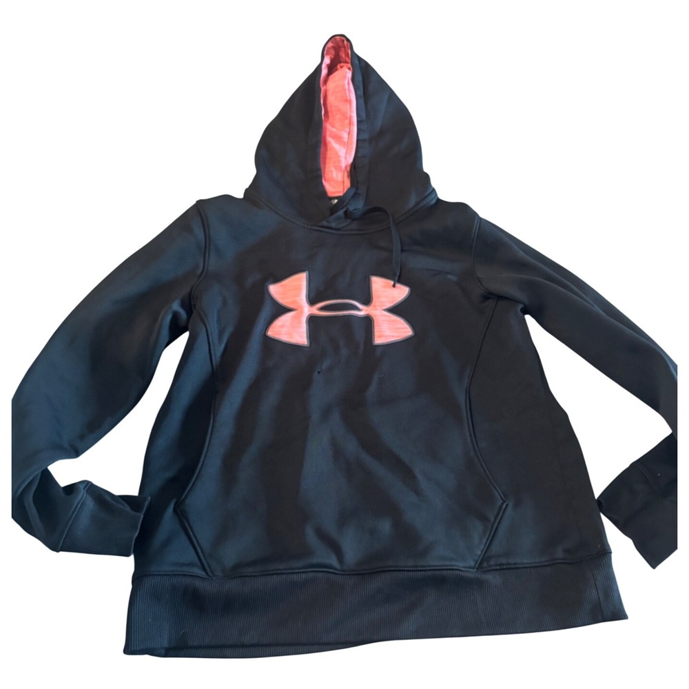Under Armour Storm Hoodie Womens Large Black Pink Big Logo Pullover Loose Fit